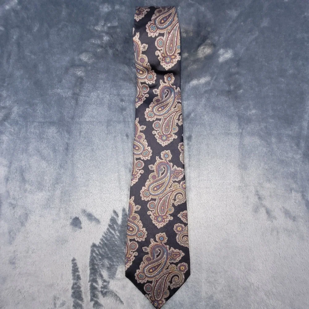 Morgan Hart Mens Silk Paisley Tie Navy Blue Purple Gold Made in USA Formal